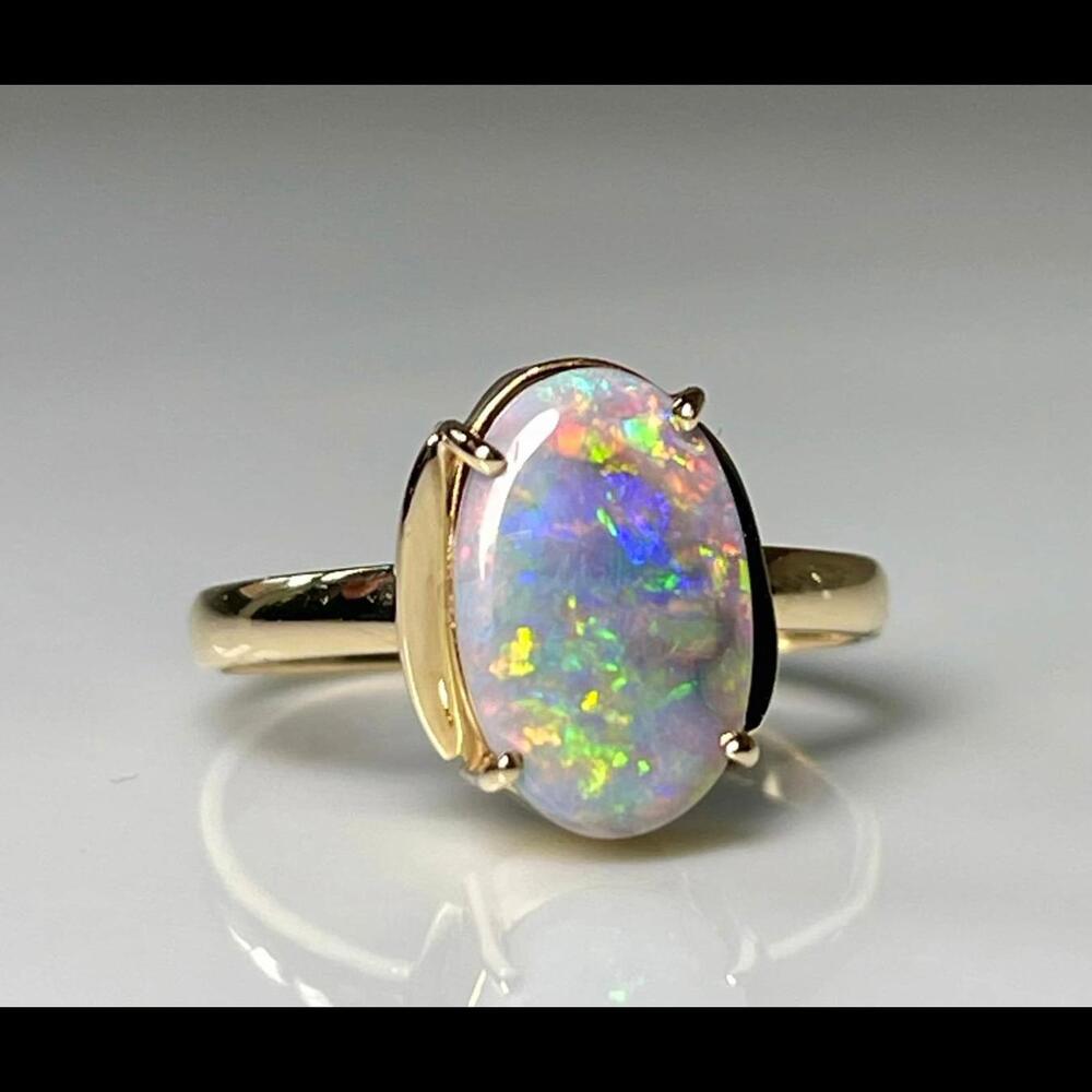 Opal Ring Semi Black Opal Ring 14K Yellow Gold Genuine Australian Opal